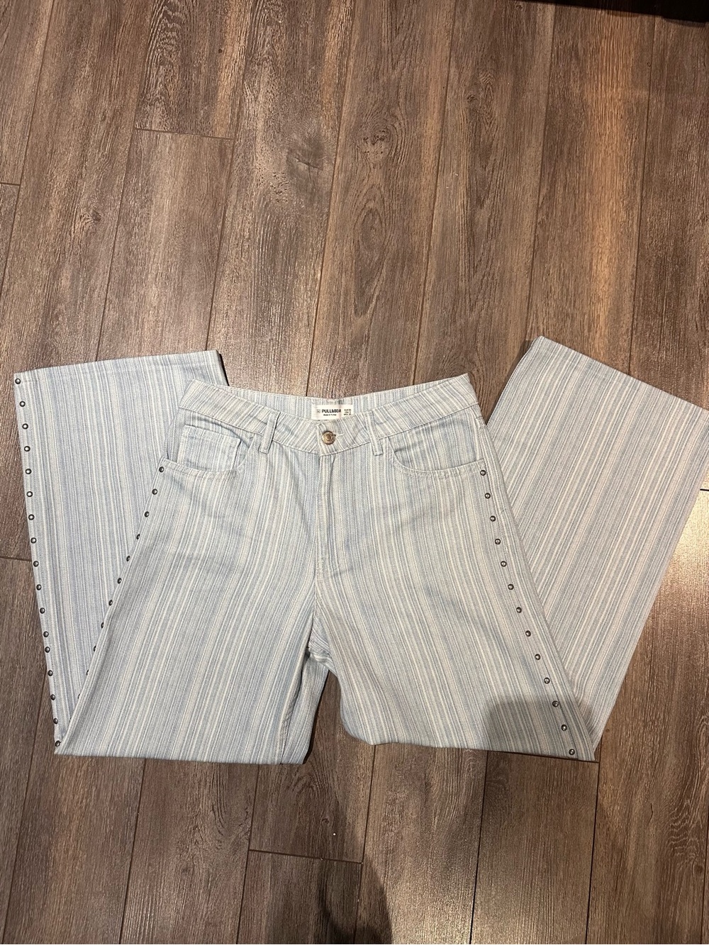 Pull&Bear Light Blue Striped Wide-Leg Jeans with Side Studs